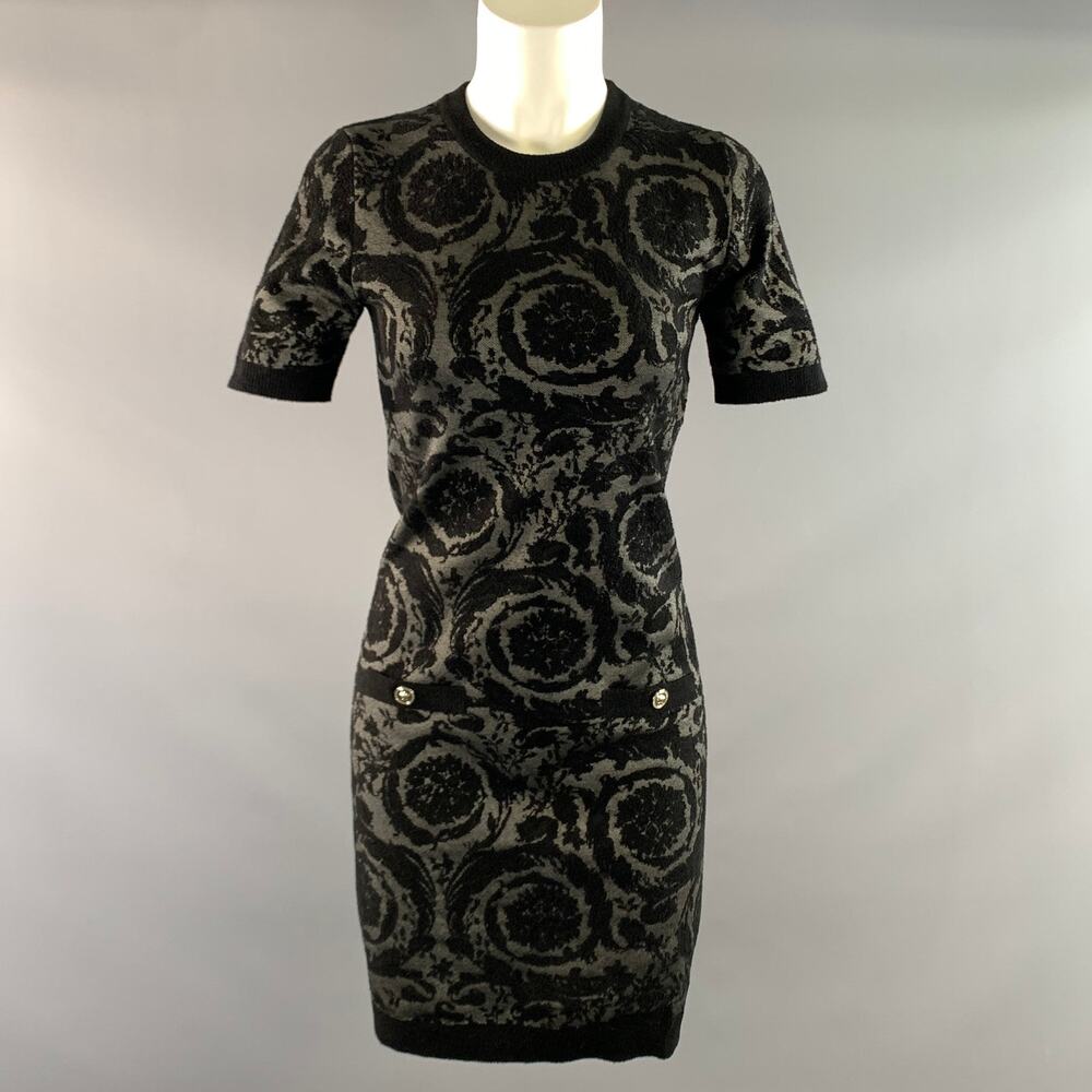 VERSACE 2024 Size 0 Black Grey Viscose Blend Baroque Crew Neck Cocktail Dress